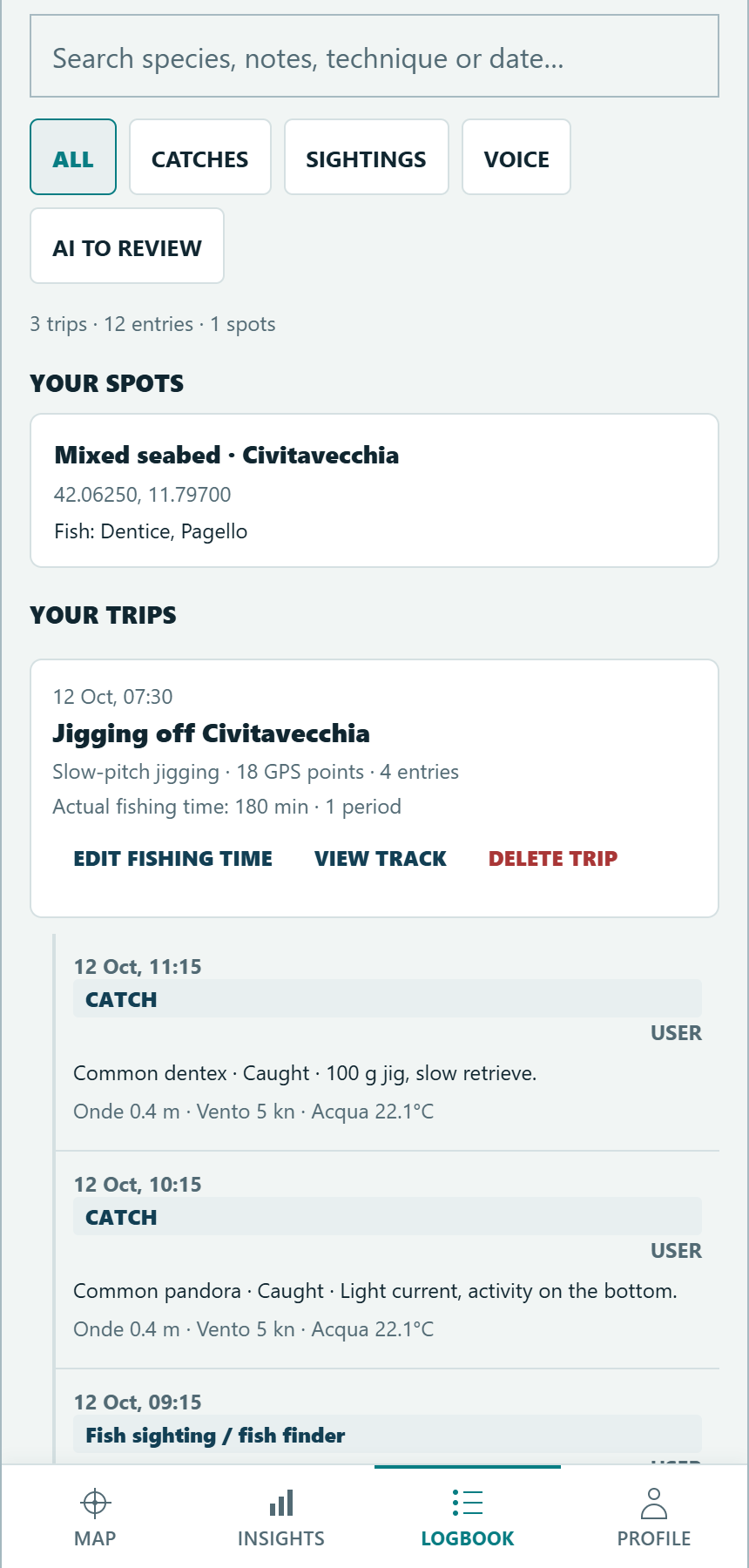 Actual logbook with a spot near Civitavecchia, a trip and recorded catches; demonstration data