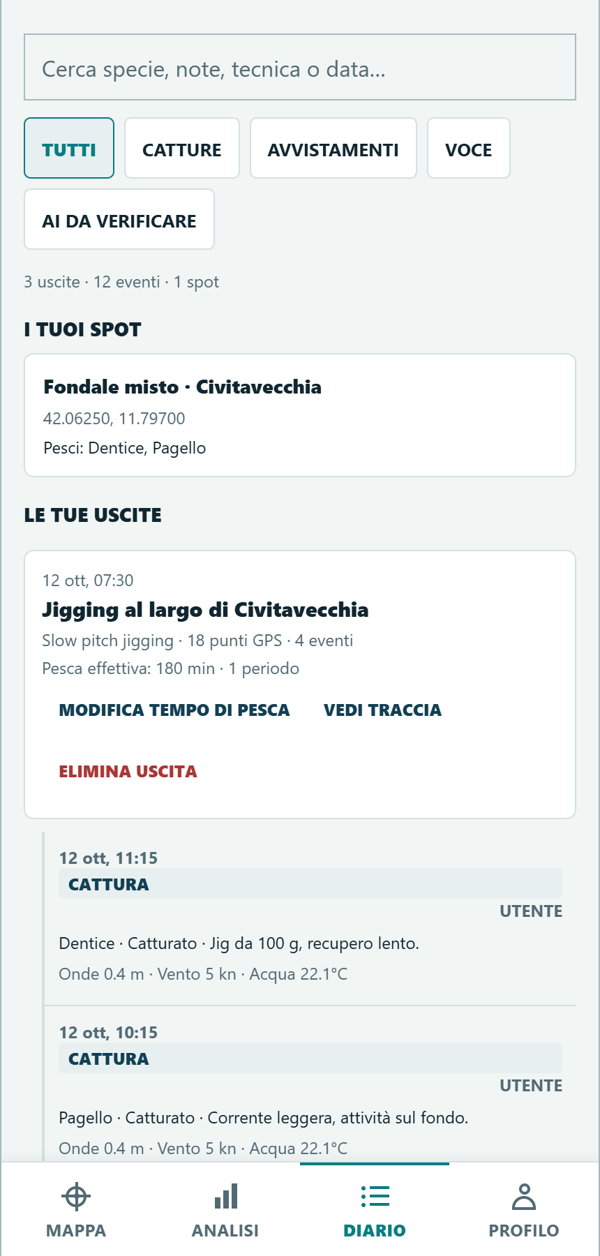 Schermata reale del diario con uno spot a Civitavecchia, un’uscita e le catture annotate; dati dimostrativi