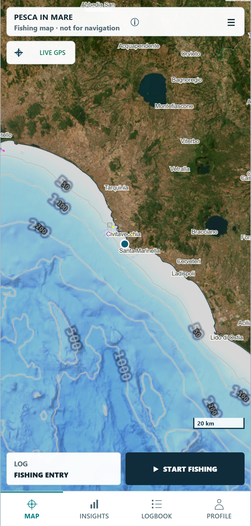 Actual Pesca in Mare chart near Civitavecchia, with depths, spots, GPS tools and the chart safety notice
