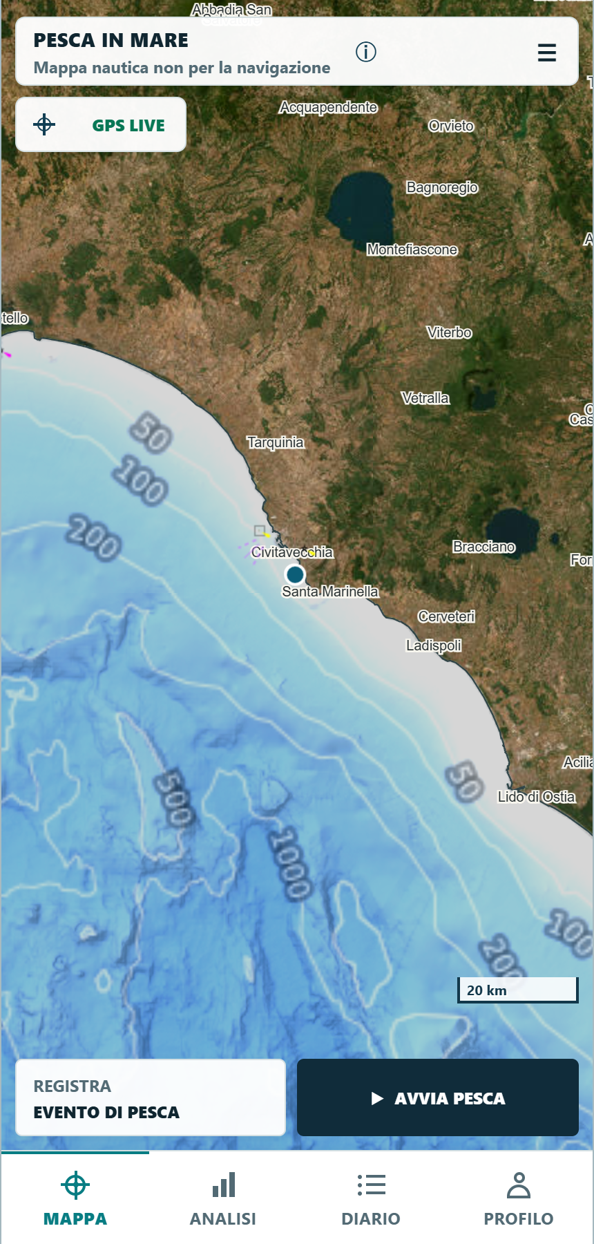 Schermata reale della carta Pesca in Mare a Civitavecchia, con fondali, spot, strumenti GPS e avviso cartografico