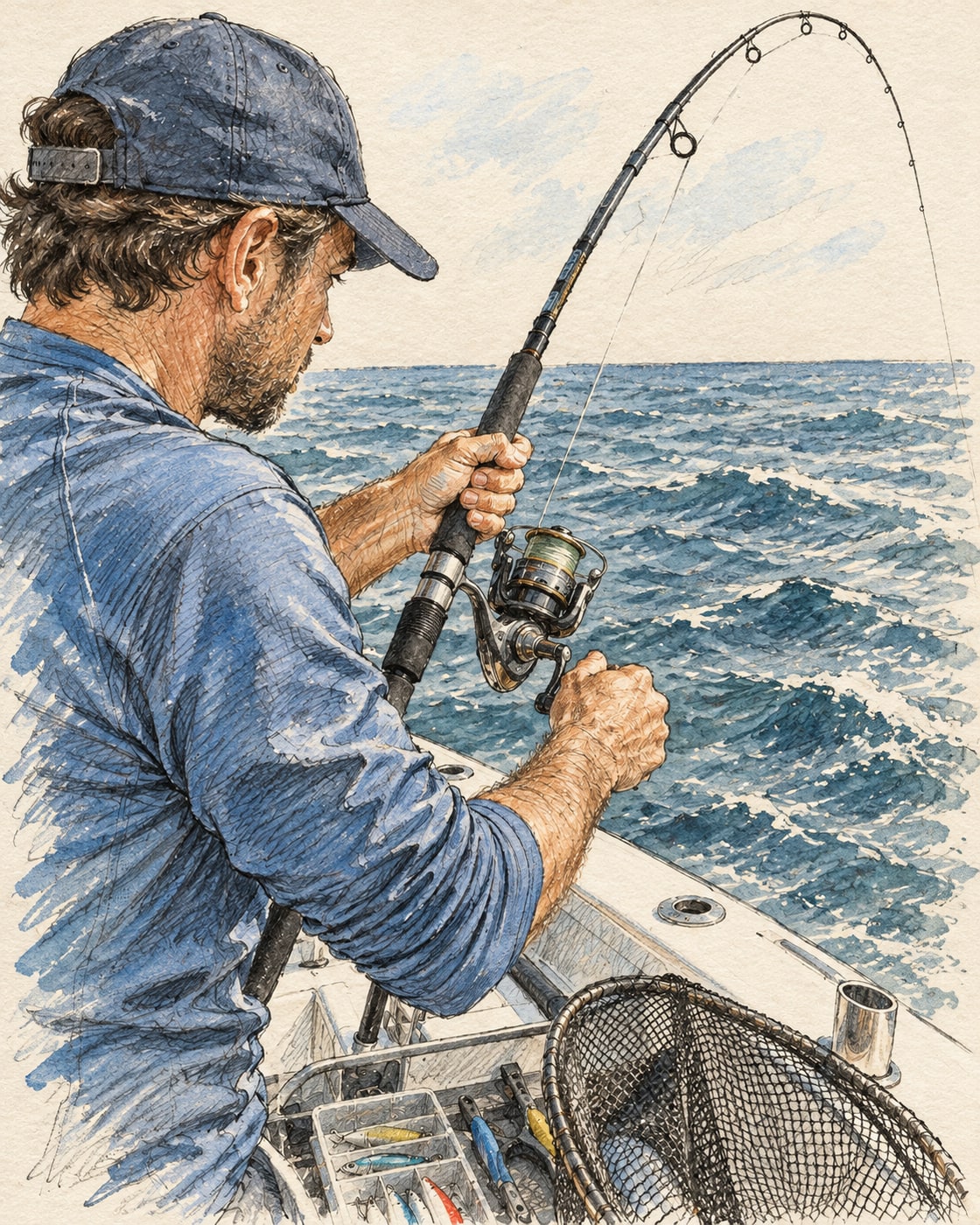 Illustrazione a matita e acquerello di un pescatore a bordo che recupera la lenza con la canna in tensione